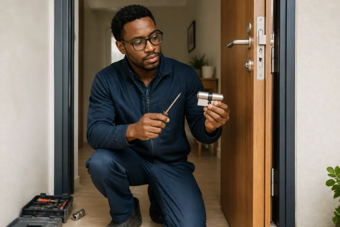 Serrurier expliquant le remplacement d’un barillet de porte, tournevis en main, dans une entrée de maison lumineuse