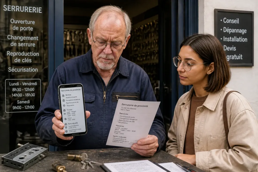 Serrurier expérimenté vérifiant horaires, adresse et tarifs sur smartphone devant son atelier, observé par une cliente attentive