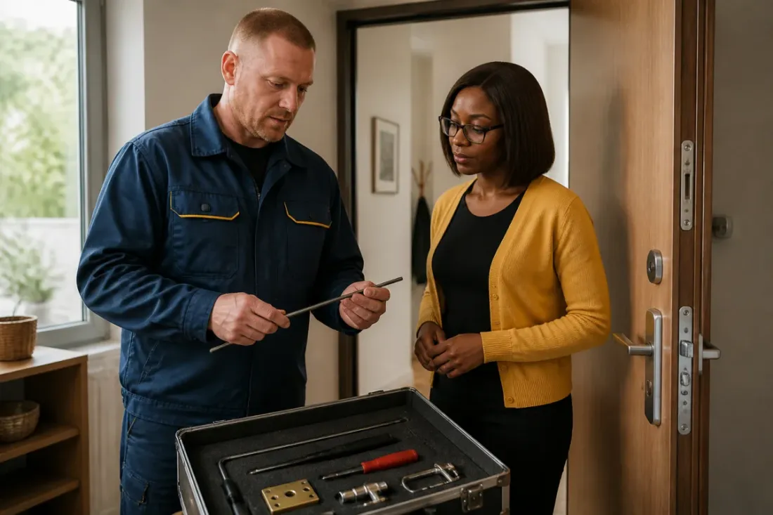Serrurier professionnel et cliente examinent des accessoires d’ouverture de porte disposés sur une mallette, dans une entrée résidentielle.