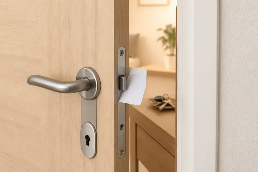 Porte d’entrée entrouverte, carte plastique près de la serrure, clés visibles à l’intérieur sur une console